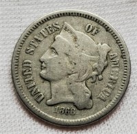 1868 Three Cent, Nickel VF
