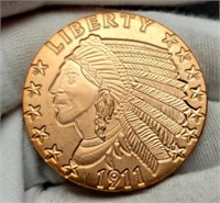 1 Oz. Copper 1911 Indian Head Replica Coin