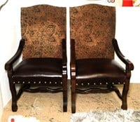 Pair of Leather Seat Carved Armchairs with Large