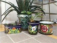 Four Vibrant Mexican Pottery Flower Pots