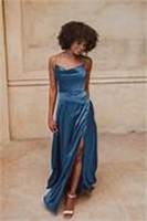 Long Satin Style Peacock Blue Evening Gown. Size:
