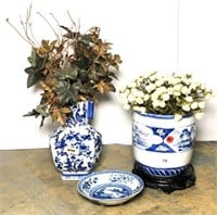 Blue & White Ceramic Asian Vases with Floral Stems