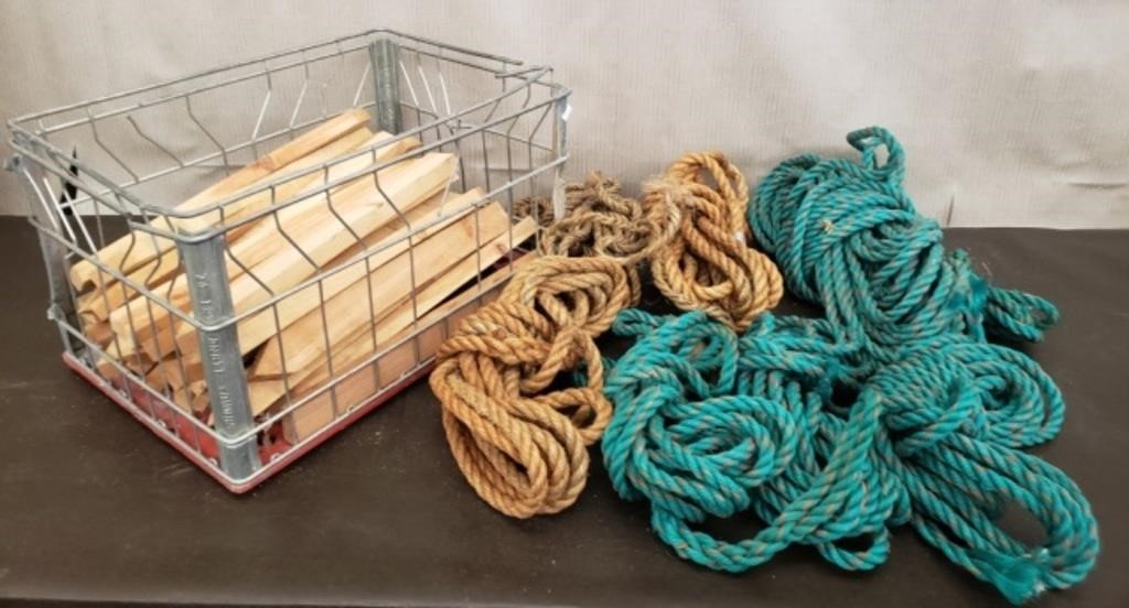 Metal Crate of Assorted Rope & Wood Stakes