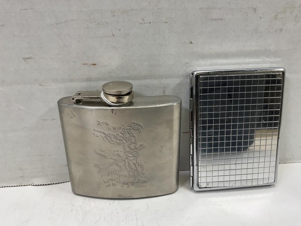 STAINLESS STEEL FLASK & CIGARETTE CASE - FLASK IS