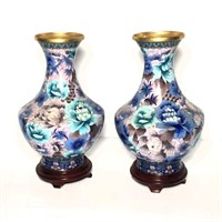 Pair of Large Cloisonne Vases with Wood Stands