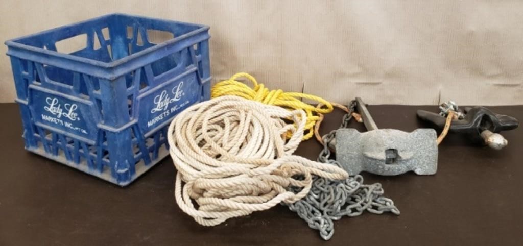 Crate w/ Pair of Boat Anchors & Rope