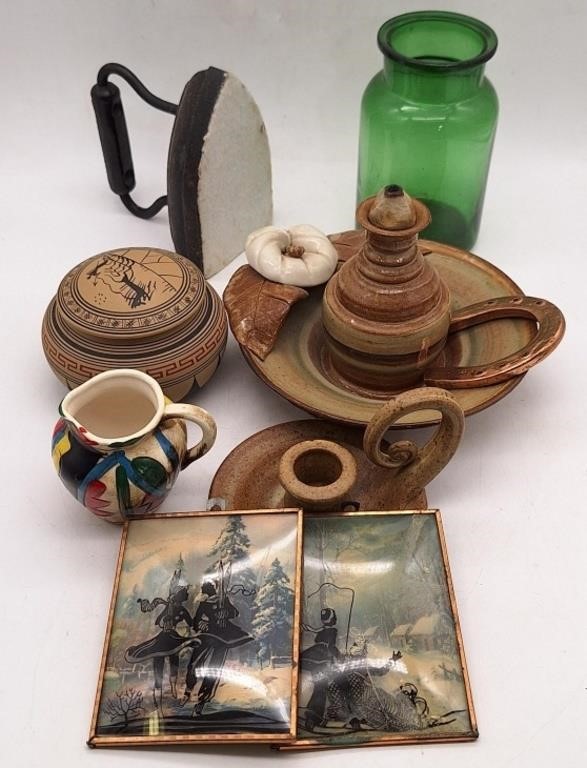 (H) Various Pottery, cast iron, glass, and more,