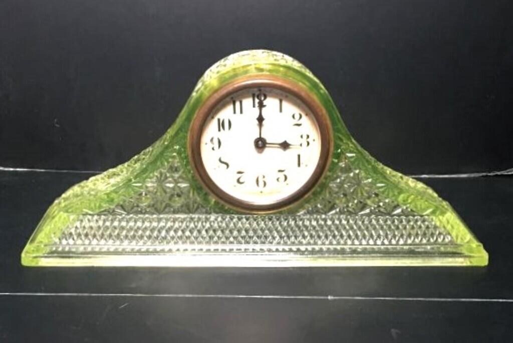 Vaseline Glass Clock with Button & Bows Pattern