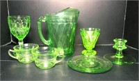 Vaseline Glass Pitcher, Goblets, Cups & More