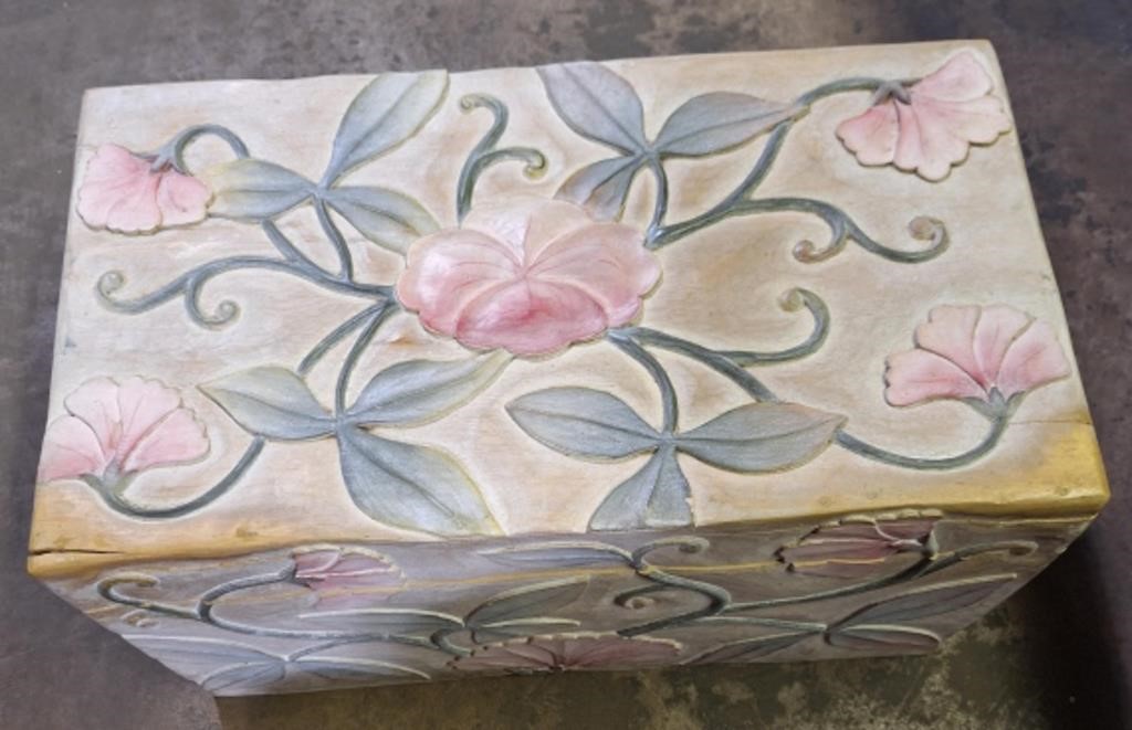 (H) Hand carved/made wooden box with pillows