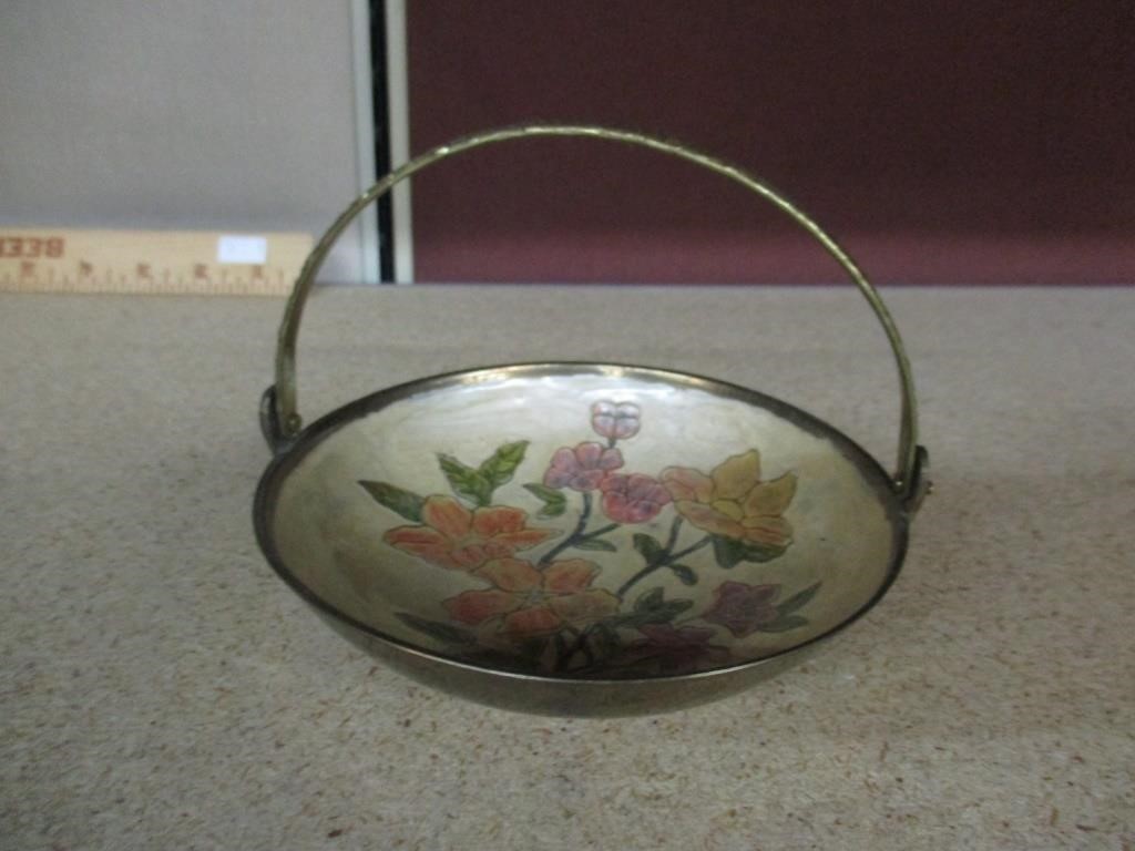 Vintage brass Bowl with hinged handle enamel