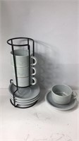 Set Of 4 Cups & Saucers In Metal Caddy X15A
