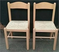 Pair Wood Frame Woven Seat Chairs