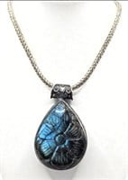 Sterling Silver Large Pendant with Carved Stone