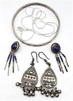 Sterling Silver Bangle Bracelet, Chain & Earrings