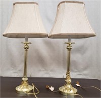 Pair of Gold Tone Pillar Table Lamps. Both Work