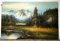 Mountain Landscape Scene Oil on Canvas by Bauer