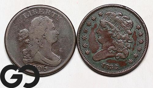 2-coin Lot, Half Cents, Draped Bust, Classic Head