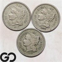 3-coin Lot, Three Cent Nickel Pieces, 1867, 68, 70