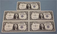 (5) Unc. $1 Silver Certificates, 1957
