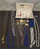 Vintage Jewelry Box w/ Assorted Fashion Jewelry &
