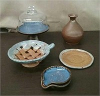 Box-6 PC. Pottery, Cheese Plate, Woven Basket,