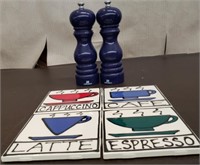 2 Blue Wood PEUGEOT Salt And Pepper Shakers and 4