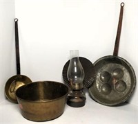 Brass Pot, Dipper, Bread Pan & Oil Lamp with