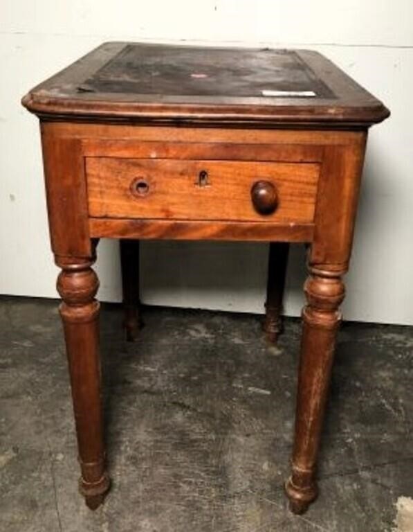 Antique Leather Inset Top Side Table with Drawer