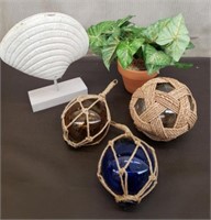3 Blown Glass Net Floats, Wooden Clam Shell Decor