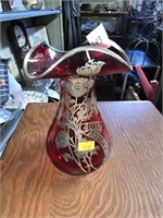Silver Overlay Cranberry Glass Vase