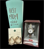 Timex Watch, Best Mom Travel Mug & Earrings