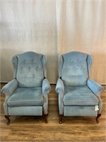 Pair of Blue Velvet Country French Recliners Wear