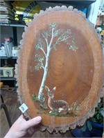 Signed and Dated Paintef Deer Scene on Wood Slab
