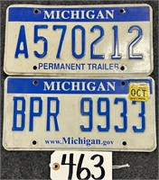 2 Michigan License Plates Trailer