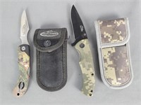 Lot Of 2 Camo Folding Pocket Knives / Sheaths