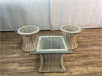 3pc Boho Chic Style Rattan Side Tables w/Glass Top