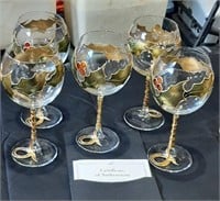 (5) hand gilded holly wine glasses, Amedeo