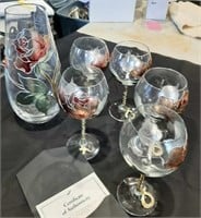 (5) rose glasses and decanter