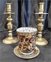 (2) brass candle sticks and holder