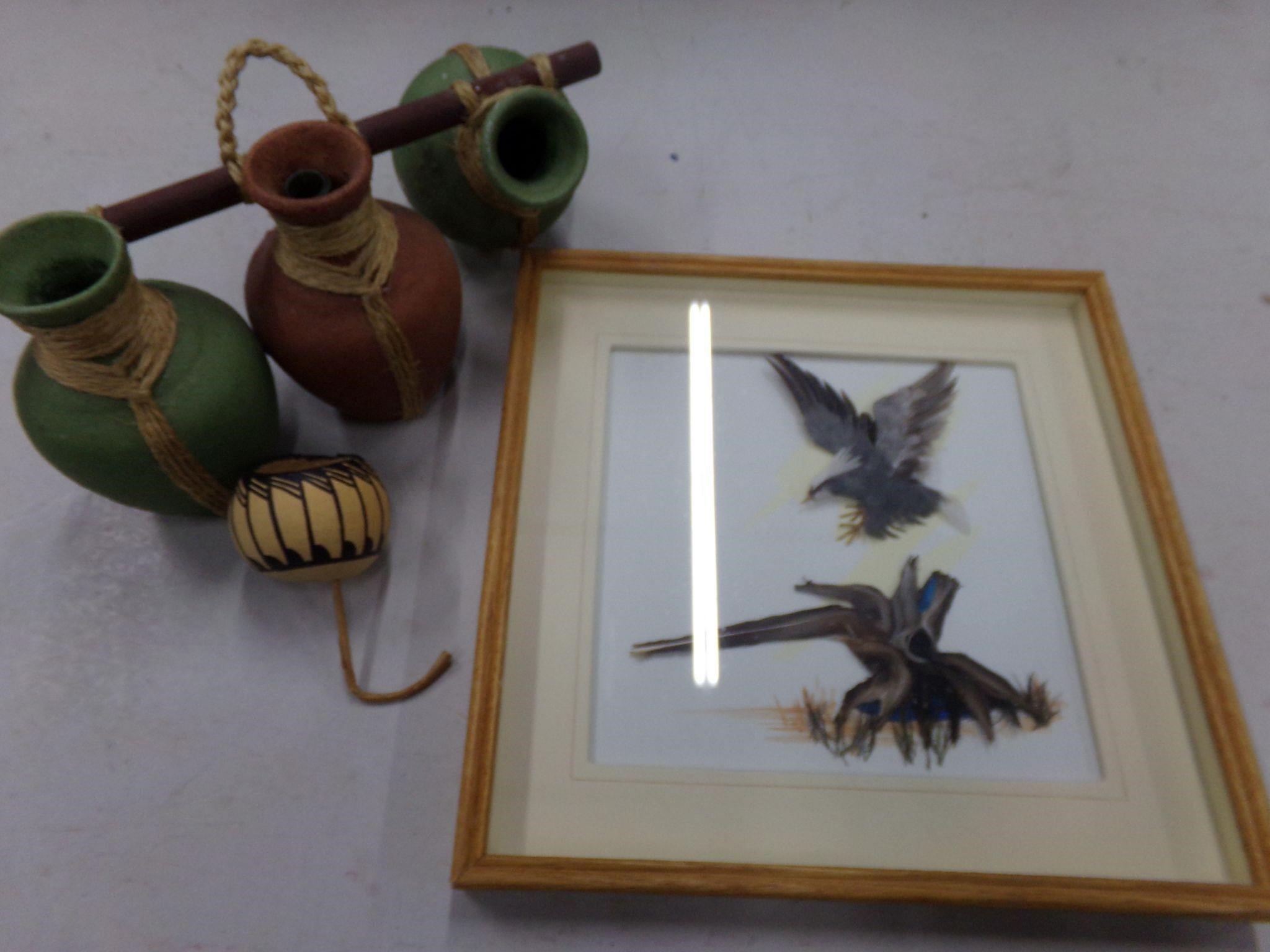 Feather art pictures and hanging pots