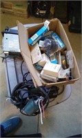 Box of Misc. Electrical, Battery Charger & Radio