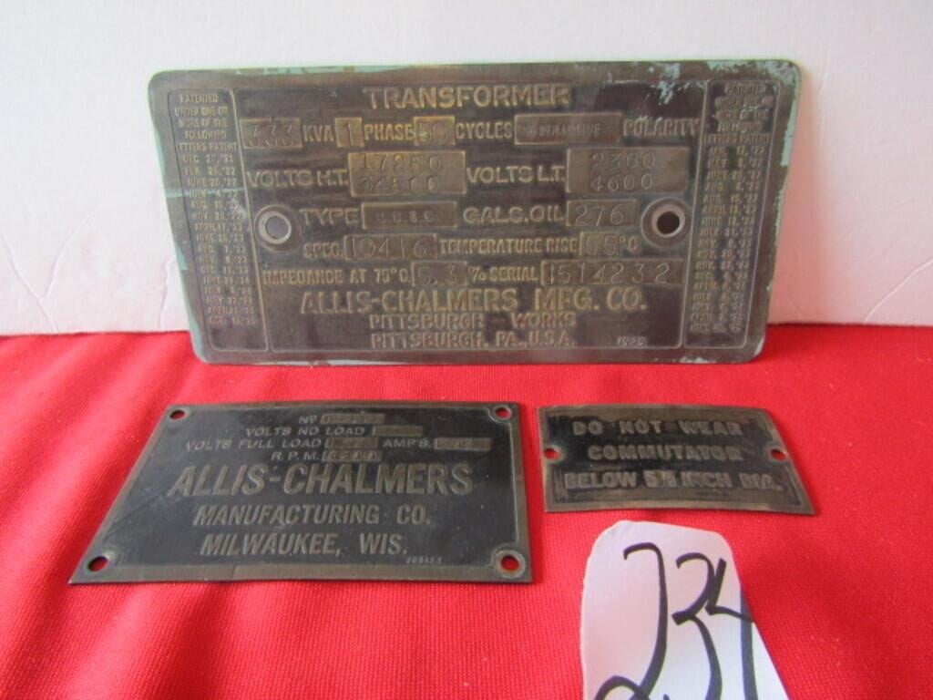 3 ALLIS CHALMERS BRASS ENGINE TAGS & PLATES