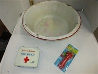 Enamel 16" steel bowl, First Aid Kit & pocket fan
