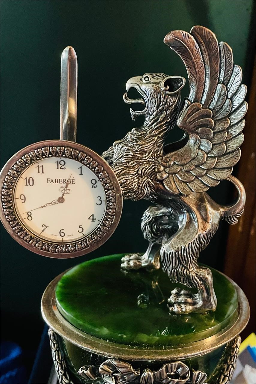 Faberge Gryphon Siberian Jade/Sterling Clock