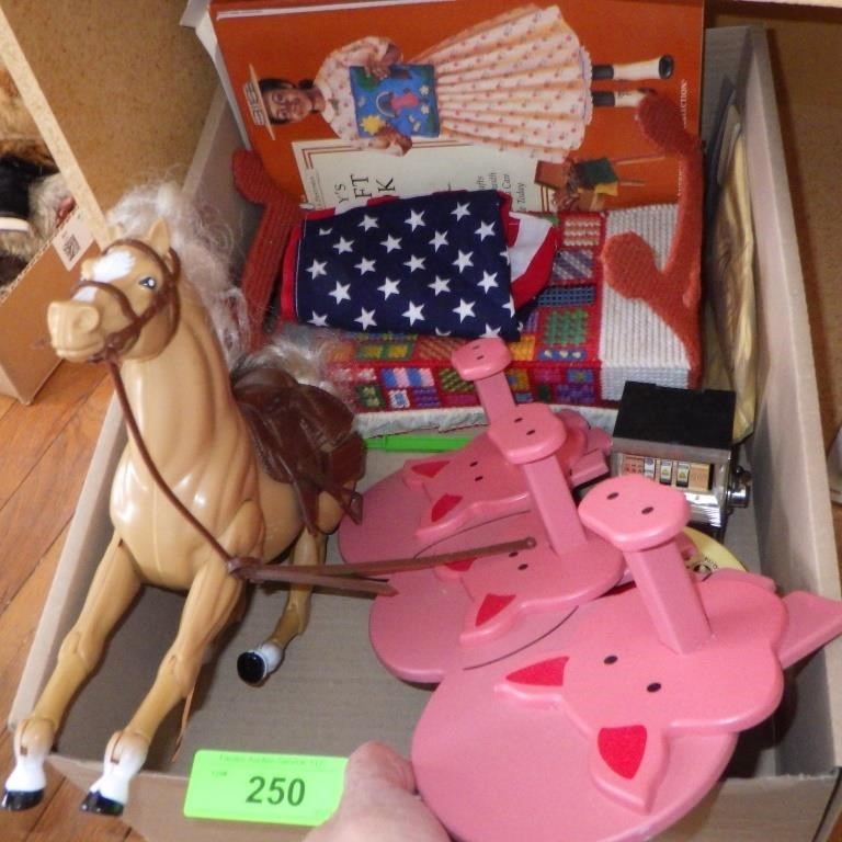 1983 JOINTED HORSE, WOODEN PIG COAT RACK, PLASTIC>