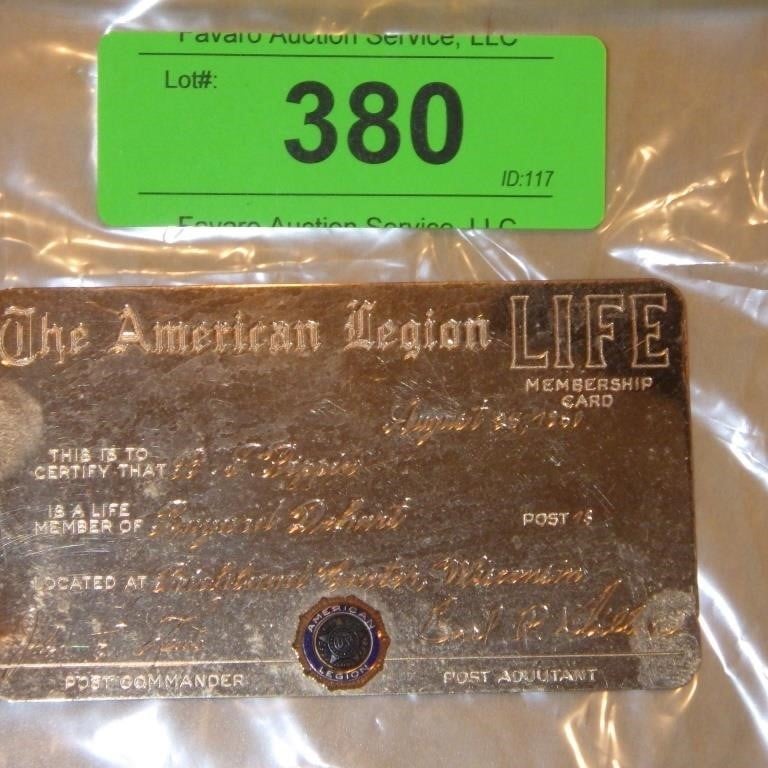 1960 AMERICAN LEGION LIFE MEMBER BRASS CARD