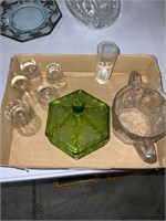 lot of green candy dish and other glass items