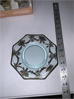light blue vintage glass plate with black trim