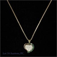14k Y. Gold Heart Diamonds, Emeralds Necklace *